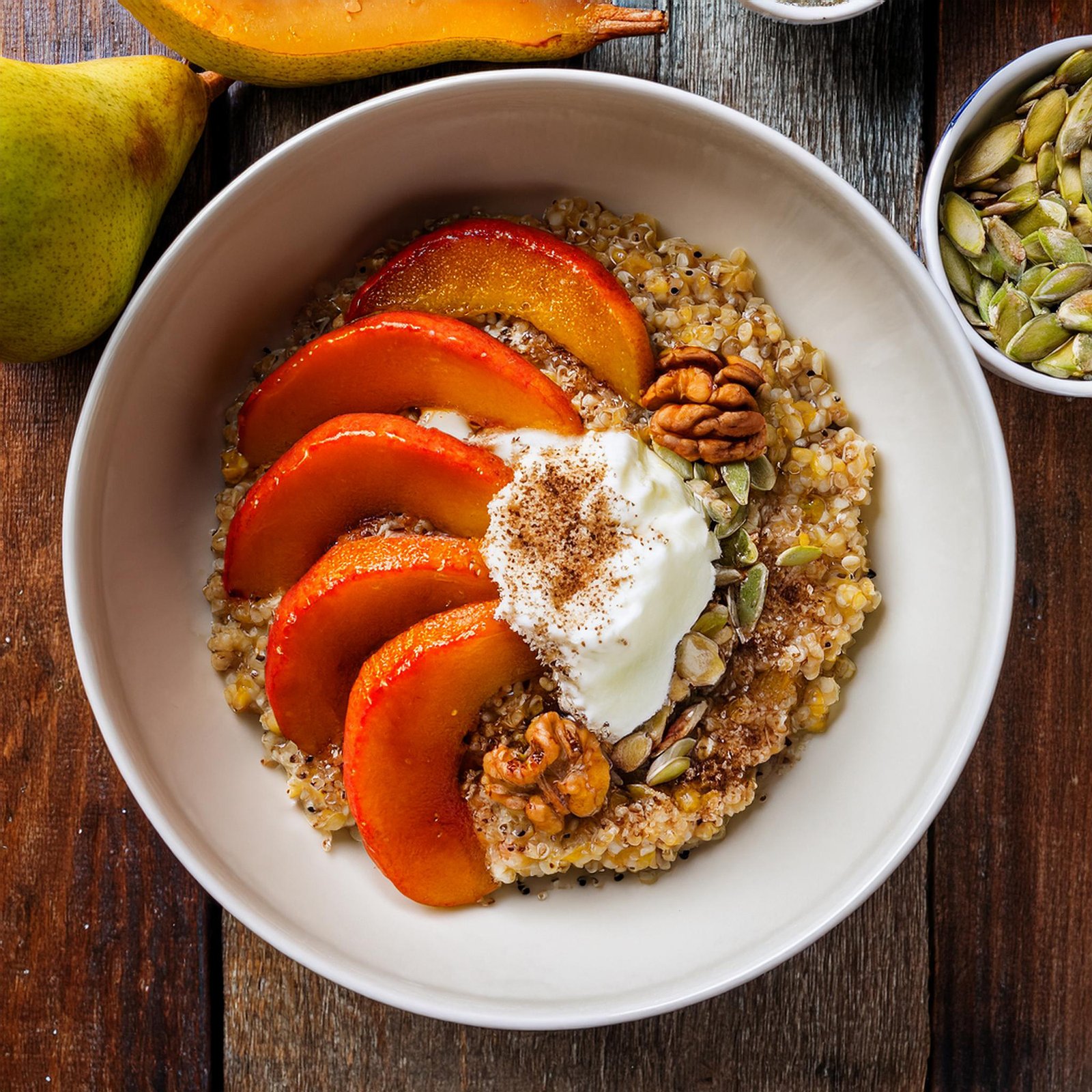 Balanced lunch showing tasty pumpkin porridge with spiced pear